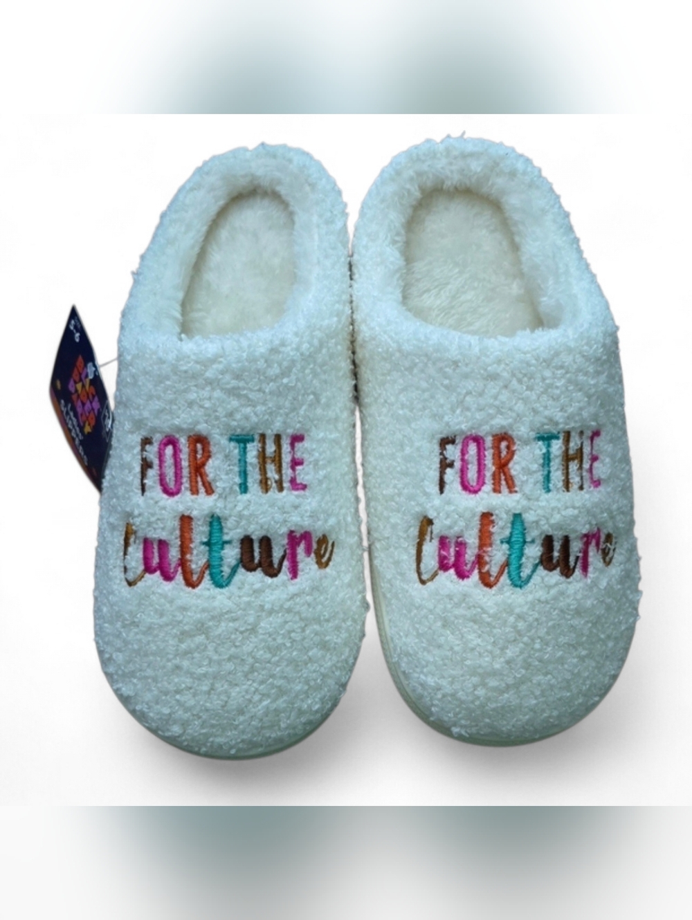 Cozy White - Black Paper Party 'For The Culture' Slippers with Colorful Text